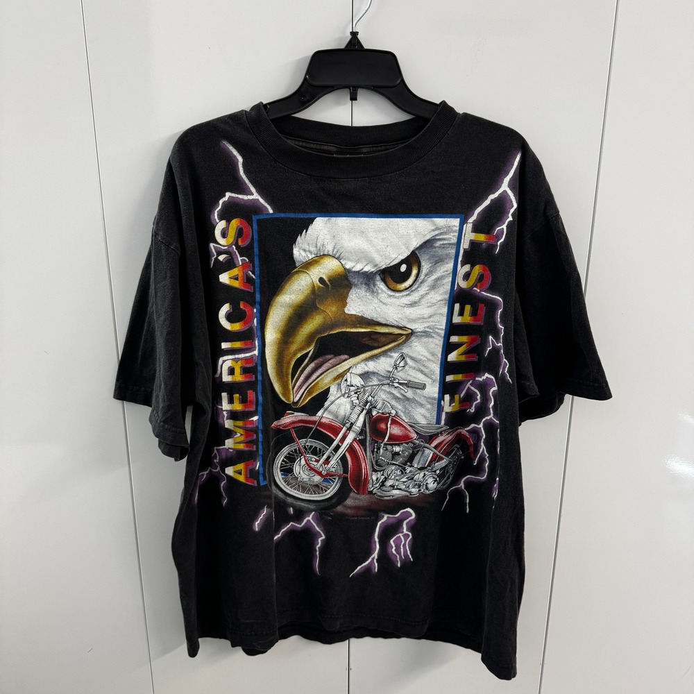Vintage 90s American Thunder Eagle Motorcycle Lightning T-Shirt XL Black